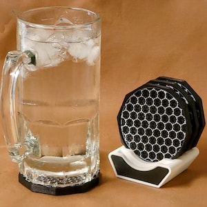 Geometric Hex Tile Coasters – 3D Printed Drink Coaster Set with Holder – Custom Color Modern Decor – Unique Gift for Home or Office