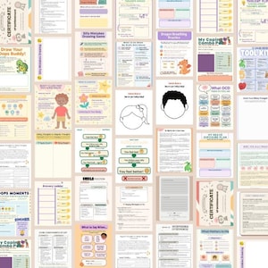 May include: A collection of printable worksheets and certificates with colorful illustrations and text. The worksheets cover topics like coping skills, drawing, and emotional regulation. Text includes "My Coping Combo", "What OCD", and "Drew Your Oops Buddy!"
