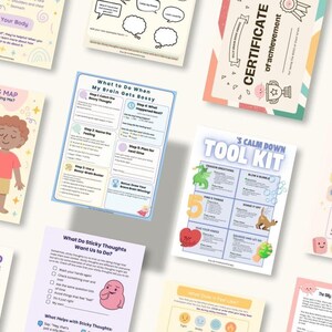 May include: A collection of colorful educational printables for children, including a "Body Clues Map," a "Certificate of Achievement," and a "Calm Down Tool Kit." The printables feature illustrations and text designed to help children understand and manage their emotions.