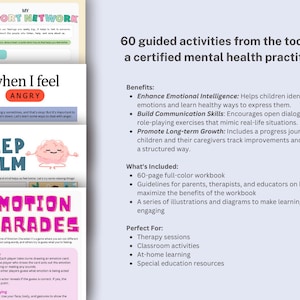 Puede incluir: Un libro de trabajo colorido con el t&iacute;tulo "60 actividades guiadas del conjunto de herramientas de un profesional de la salud mental certificado". El libro de trabajo est&aacute; dise&ntilde;ado para ayudar a los ni&ntilde;os a identificar sus emociones, desarrollar habilidades de comunicaci&oacute;n y promover el crecimiento a largo plazo. La portada presenta ilustraciones de un cerebro, una mano y un coraz&oacute;n.