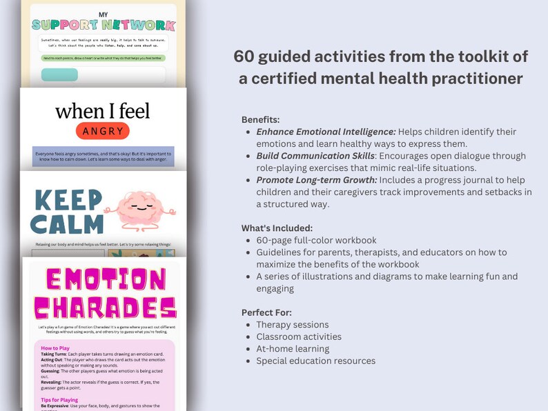 Puede incluir: Un libro de trabajo colorido con el t&iacute;tulo "60 actividades guiadas del conjunto de herramientas de un profesional de la salud mental certificado". El libro de trabajo est&aacute; dise&ntilde;ado para ayudar a los ni&ntilde;os a identificar sus emociones, desarrollar habilidades de comunicaci&oacute;n y promover el crecimiento a largo plazo. La portada presenta ilustraciones de un cerebro, una mano y un coraz&oacute;n.