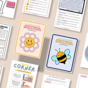 Op de afbeelding: Een set printbare werkbladen voor emotionele regulatie. De werkbladen bevatten kleurrijke illustraties van een bloem, een bij en een wiel met verschillende emoties. De tekst op de werkbladen omvat "Werkboek voor emotionele regulatie", "De rustige hoek" en "Mijn gevoelengalerij".