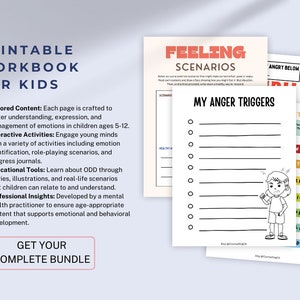 Puede incluir: Cuaderno de trabajo imprimible para ni&ntilde;os con una portada colorida que incluye el texto "Feeling Scenarios" y "My Anger Triggers". El cuaderno de trabajo incluye actividades para ayudar a los ni&ntilde;os a comprender y controlar sus emociones.
