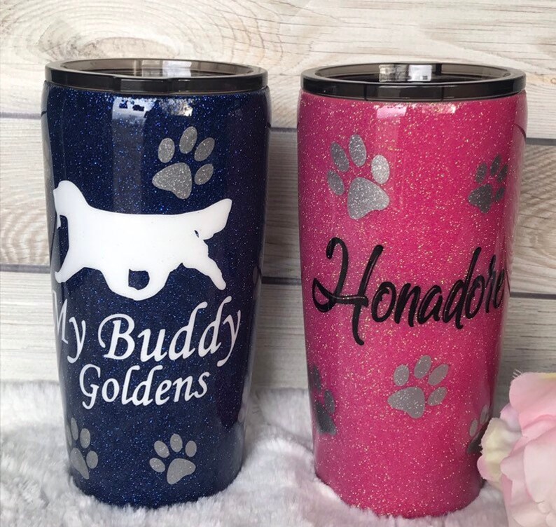 glitter tumbler epoxy tumbler paw print monogram yeti etsy