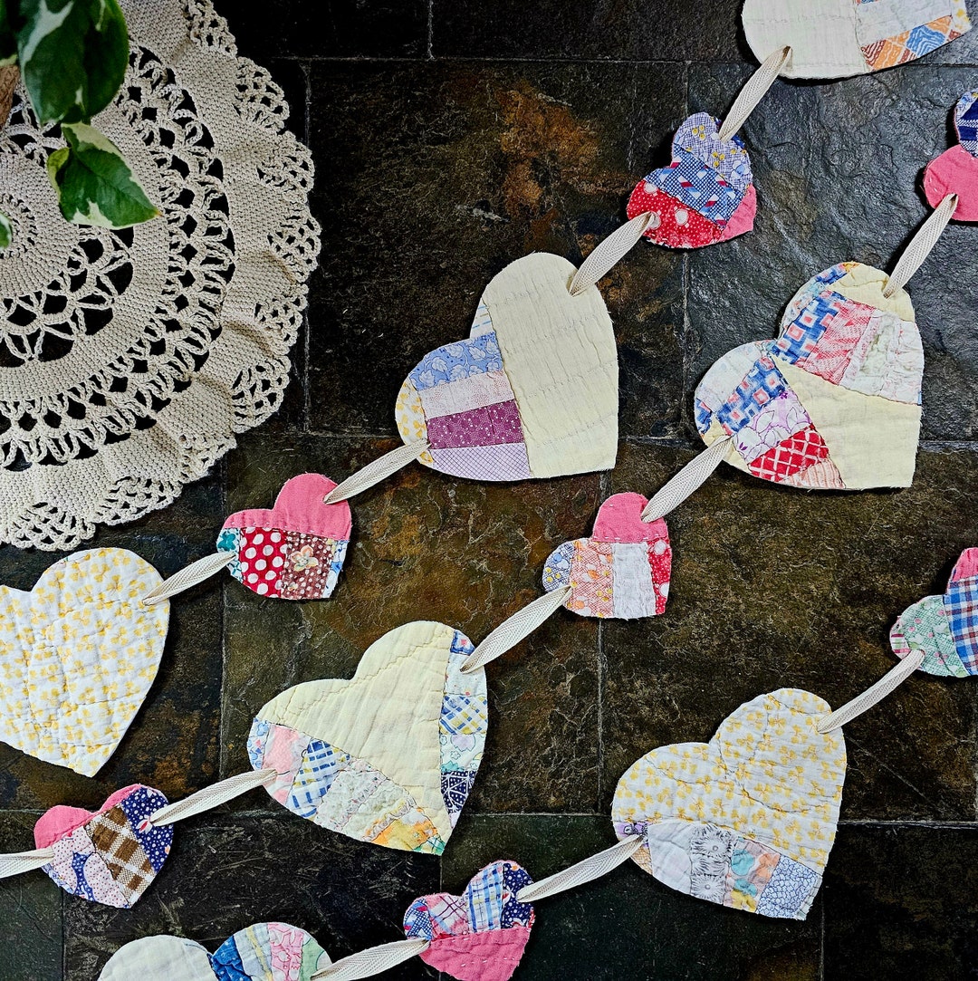 Quilted Heart Garland, Valentine Garland, Quilted Heart Wall Hanging
