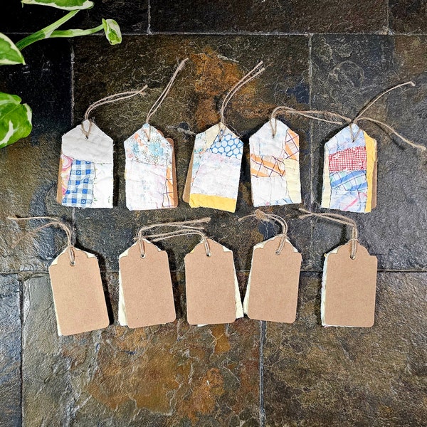 Reusable Quilted Gift Tags, SET OF 5 Tags, Reusable Fabric Gift Labels, Handmade Gift Tags, Eco Friendly Gift Wrap, Repurposed Vintage Quilt