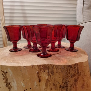 8 Amberina Ruby Red Independence Glass Goblets, Octagon Shape, #1034