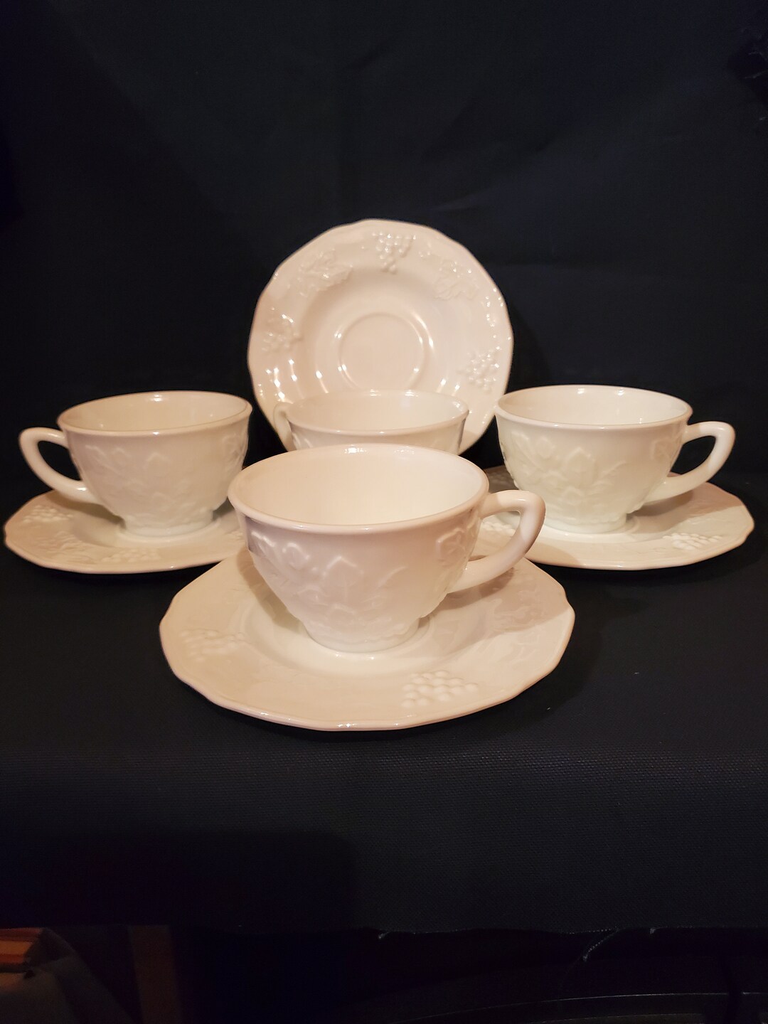 5 Milk Glass Cups and Saucers Colony Harvest Indiana Glass Etsy