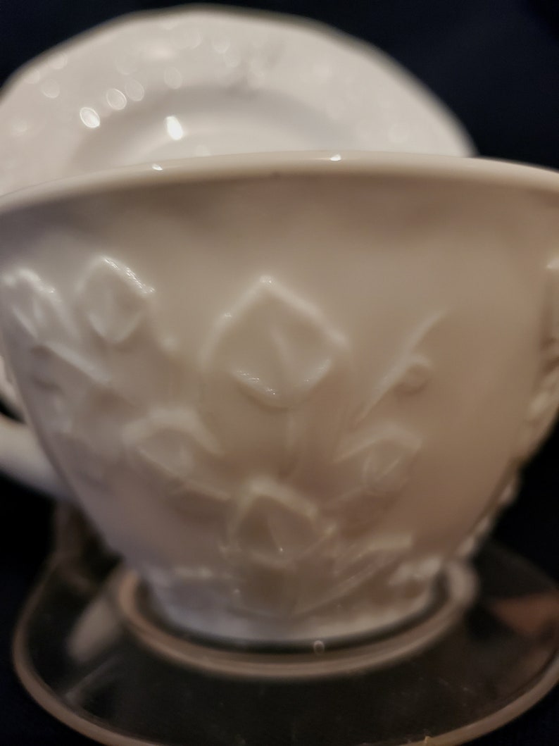 5 Milk Glass Cups and Saucers Colony Harvest Indiana Glass Etsy