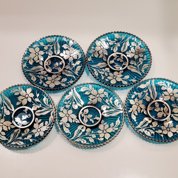 Vintage Teal/Turquoise Glass Saucers/Plates with Sterling Overlay, #1030