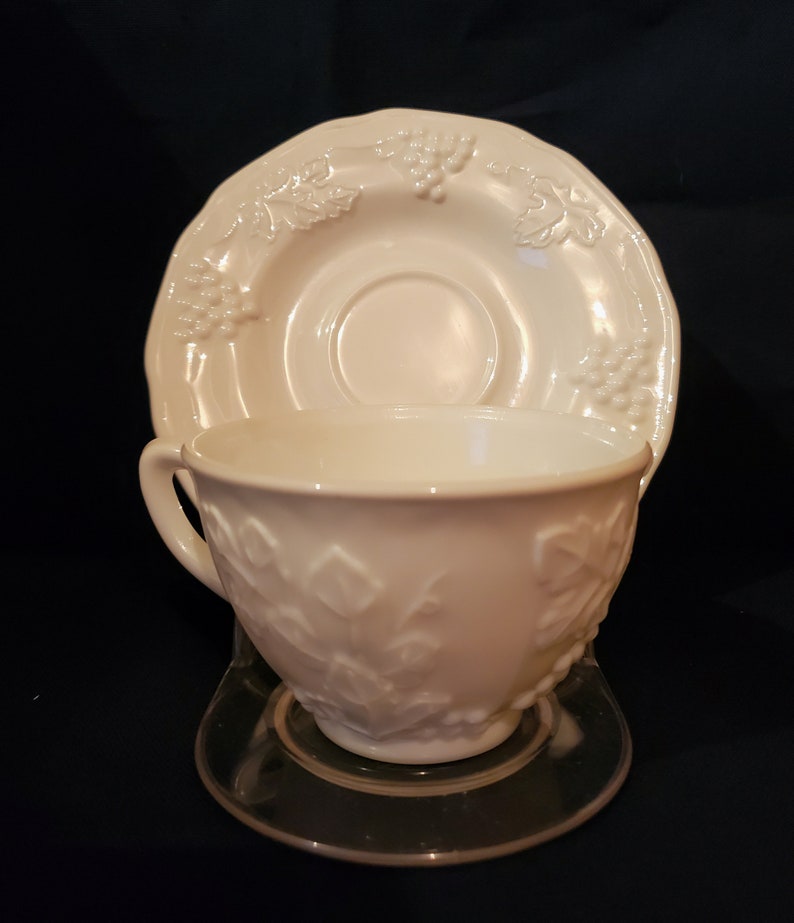 5 Milk Glass Cups and Saucers Colony Harvest Indiana Glass Etsy