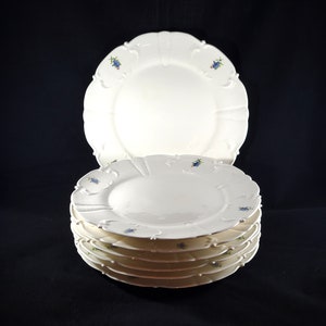 Könnte beinhalten: Ein Stapel von acht weißen Keramik-Dinnertellern mit einem blauen Blumendesign. Die Teller haben einen gewellten Rand und sind auf einer schwarzen Oberfläche gestapelt.