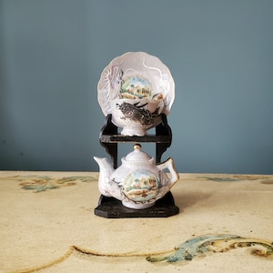Souvenir Dragonware Miniature Teapot, Cup and Saucer with Stand, Capistrano, Calif., #800