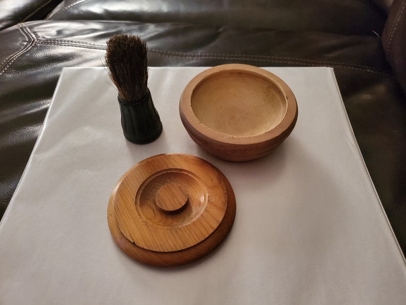 Antique Wooden Shaving Bowl With Lid and Brush Etsy