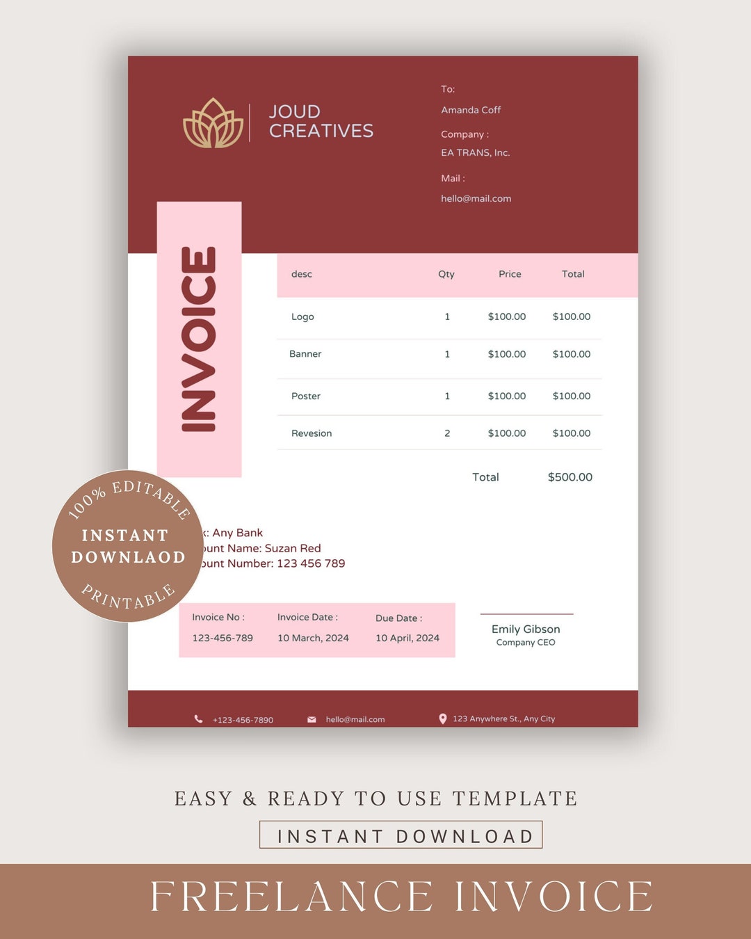 Freelance Invoice Template Editable, Small Business Custom Order Form ...