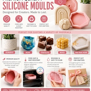 May include: Premium quality silicone molds designed for creators. The image showcases various shapes, including geometric trays, a knot, and a rose. The molds are food-safe, heat-resistant, reusable, and perfect for casting materials like resin, chocolate, and wax. The text says "Handmade with Care".
