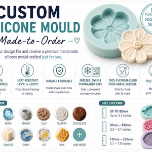Könnte beinhalten: Eine maßgefertigte Silikonform aus 100 % platinvernetztem Silikon in Lebensmittelqualität. Die hellblaue Form hat eine Blumenform, daneben liegt ein passender cremefarbener Abguss. Das Bild enthält Text zu Merkmalen, Größenoptionen bis 200 mm und verschiedenen Anwendungen wie Butter, Harz, Zement, Ton, Gips, Schokolade, Seife, Kerzen, Epoxidharz, Eis und Wachs.