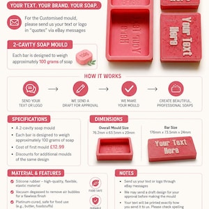 May include: Custom-made red silicone soap molds for soap bars. The image shows a 2-cavity mold and two soap bar molds with the text "Your Text Here". The overall mold size is 76.2mm x 63.5mm x 20mm, and the bar size is 176mm x 73.5mm x 24mm.