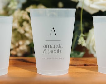 Personalized Wedding Cups with Names & Date | Customized Frosted Shatterproof Flex Drinkware | Modern Minimalistic Glasses