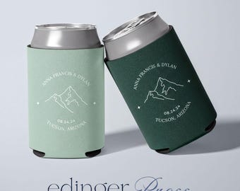 Custom Mountain Wedding Can Coolers  •  Neoprene Personalized Favor for Aspen Reception