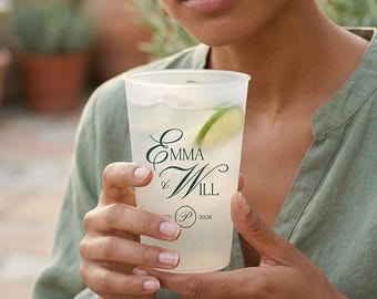 Custom Wedding Cups, Frosted Plastic Drinkware with Monogram Design