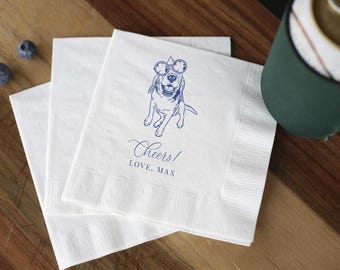 Custom Pet Cocktail Napkins | Personalized Wedding Napkin with Dog or Cat Illustrations