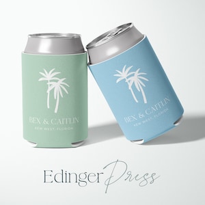 Neoprene Beach Wedding Can Coolers | Personalized Tropical Palm Tree Koozies | Custom Coastal Wedding Favor | Summer Wedding Cooler