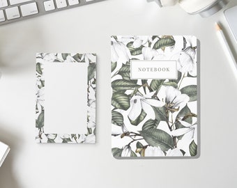 Blank Magnolia Journaling Notebook & Notepad Set | Layflat Pocket Notebook Lined Pages | Floral Composition Notebook Gifts Back To School