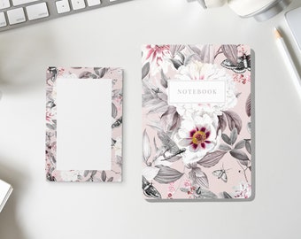 Blank Floral Journaling Notebook & Notepad Set | Layflat Pocket Notebook Lined Pages | Floral Composition Notebook Gifts Back To School