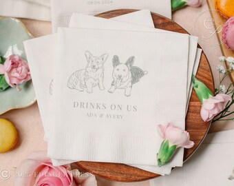 Custom Wedding Pet Cocktail Napkins | Personalized Dog Cat Portrait Beverage Napkin