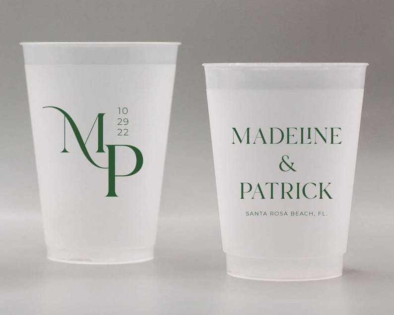 Custom Frosted Wedding Plastic Cups | Monogram Cup | Personalized Shatterproof Minimalist Drinkware image 2