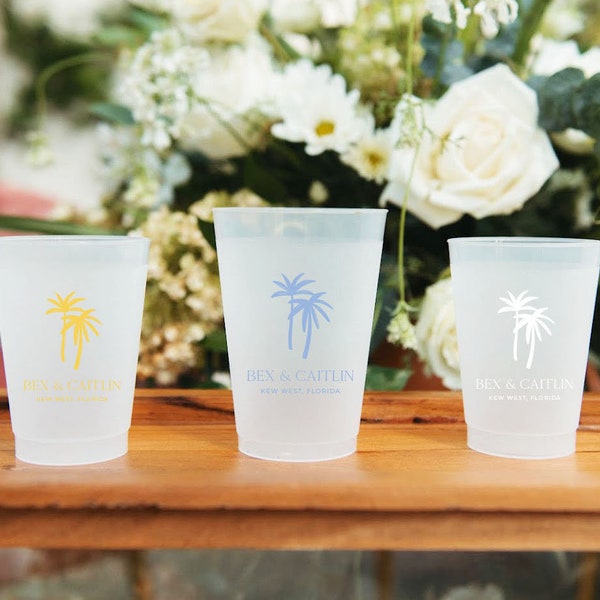 Custom Tropical Palm Tree Wedding Favor Cups | Personalized Plastic Cup for Minimalist