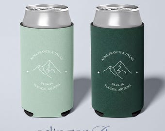 Custom Mountain Wedding Slim Can Coolers  •  Neoprene Seltzer Sleeve for Aspen Favor