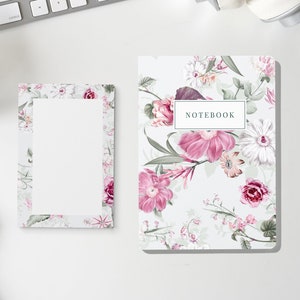 Blank Blooming Journaling Notebook & Notepad Set | Layflat Pocket Notebook Lined Pages | Floral Composition Notebook Gifts Back To School