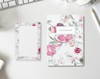 Blank Blooming Journaling Notebook & Notepad Set | Layflat Pocket Notebook Lined Pages | Floral Composition Notebook Gifts Back To School