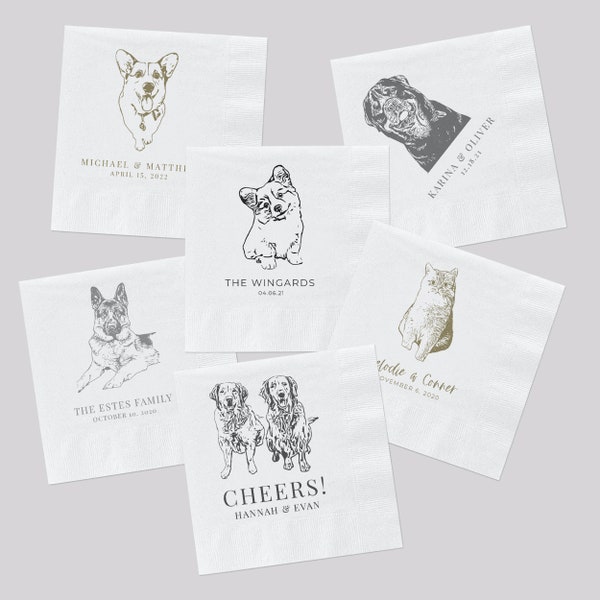 Custom Pet Cocktail Napkins for Weddings and Special Events - Personalized Wedding Napkins with Dog or Cat Illustrations