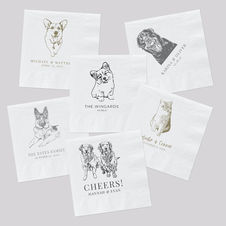 Custom Pet Cocktail Napkins for Weddings and Special Events Personalized Wedding Napkins with Dog or Cat Illustrations image 1