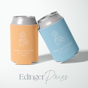 Tropical Monstera Custom Wedding Coolers, Personalized Can Cooler, Reception Favor, Mountains, Huggers, Wedding Cooler, Collapsible Hugger