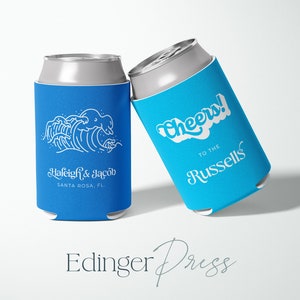 Tropical Beach Wave Custom Wedding Coolers, Personalized Can Cooler, Reception Favor, Mountains, Huggers, Wedding Cooler, Collapsible Hugger