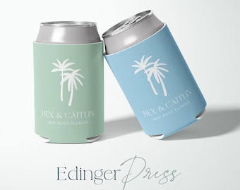 Neoprene Beach Wedding Can Coolers | Personalized Tropical Palm Tree Holder | Summer Wedding Cooler