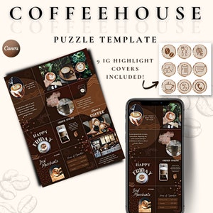 Instagram puzzle template for Café Coffee house instagram post | foodie blogger Canva template | Coffee Ig template | IG Highlight Covers