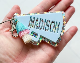 Personalized Cheer Megaphone Keychain: Acrylic Cheerleader Bag Tag, Bag Charm