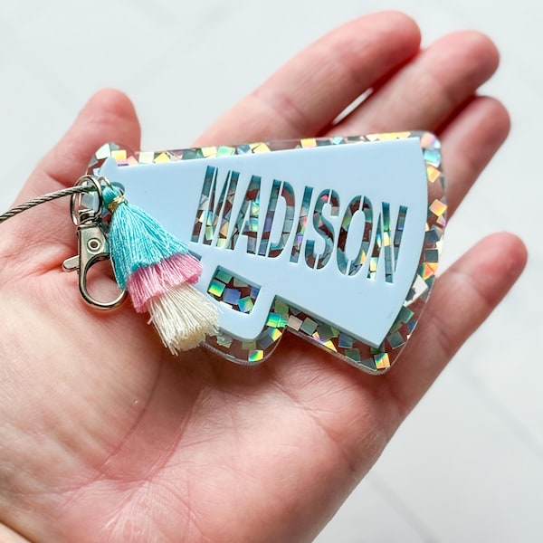 Personalized Cheer Megaphone Keychain: Acrylic Cheerleader Bag Tag, Bag Charm