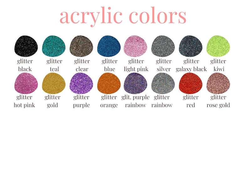May include: A collection of 14 small round jars filled with different colored glitter. The jars are labeled with the color of the glitter, such as "glitter black", "glitter teal", "glitter clear", and "glitter blue".