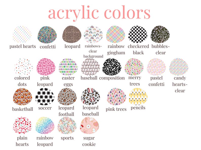 a collection of various colorful and patterned designs, including pastel hearts, confetti, leopard, rainbows, checkerboard, bubbles, clear, and more. The designs are presented in a grid format, with each row representing a different color or pattern, and each column representing a different type of design. The image does not contain any text, and the descriptions provided are concise and focused on the visual content of the designs.
