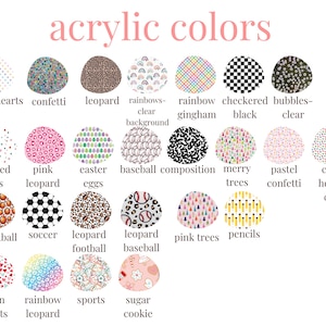 a collection of various colorful and patterned designs, including pastel hearts, confetti, leopard, rainbows, checkerboard, bubbles, clear, and more. The designs are presented in a grid format, with each row representing a different color or pattern, and each column representing a different type of design. The image does not contain any text, and the descriptions provided are concise and focused on the visual content of the designs.