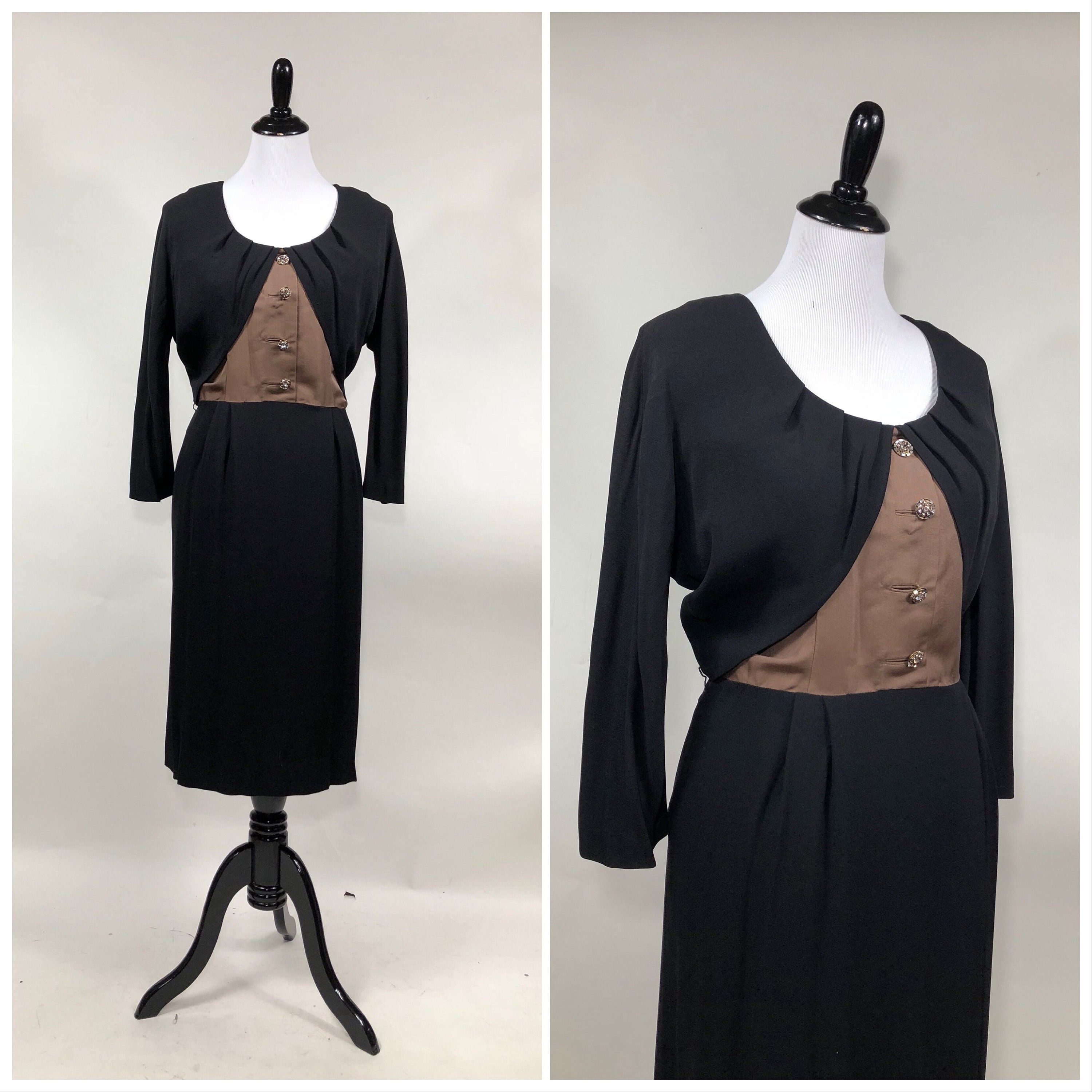 トップス 50s CRAZY TONES Crazy pattern Rayon Unique! Vintage 1950s Black & Bronze Rayon Dress Rhinestone