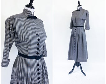 Cute! Vintage 1950s Button Up Black Stripe Full Skirt Day Afternoon Dress S