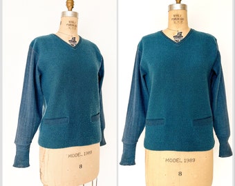 Vintage 1920s 30s Boucle Knit Wool Sweater V Neck Pockets M