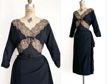 Vintage 1950s Frank Starr Illusion Lace Hip Drape Cocktail Dress M